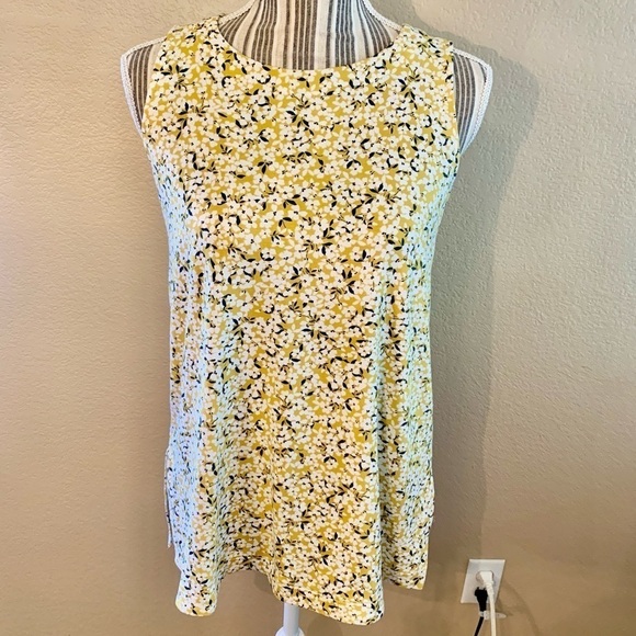 J. Jill Tunic Top XS Sleeveless Gold Yellow Floral Ptrn White Green Rayon - Picture 1 of 15